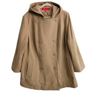 AK Anne Klein 2X Double Breasted Hooded Wool Blend Pea Coat Jacket Tan Classic ~